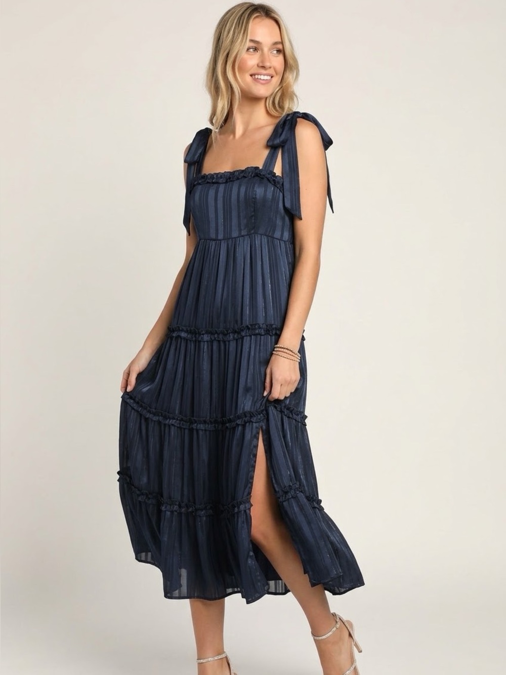 🏷️ NWT Lulus Day For Romance Navy Blue Metallic Striped Tiered Midi Dress XS